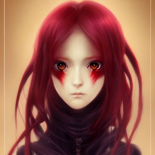 Image similar to facial portrait of a young pretty anime woman, long red hair, dark eyes, gothic eyeliner, character concept art, headshot, Charlie Bowater, Anna Dittmann, WLOP, Rumiko Takahashi, Akihiko Yoshida, Hyung-tae Kim, alexander mcqueen, trending on Artstation