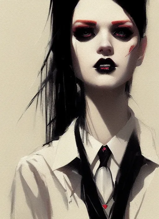 Image similar to ultradetailed beautiful panting of a stylish goth woman wearing a shirt with a tie, she has black hair, distressed, by greg rutkowski, ashley wood, ilya kuvshinov, on artstation