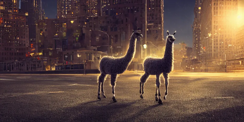 Image similar to a llama walking through a desolate manhattan city street at night, statue of liberty seen in the background, realistic 4 k octane beautifully detailed render, 4 k post - processing, highly detailed, detailed face, intricate complexity, epic composition, magical atmosphere, cinematic lighting, masterpiece, ultra hd