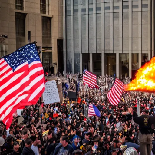 Image similar to 4 k hdr sony a 7 wide angle photo of soldiers waving hundreds of bitcoin flags at a protest of thousands of people surrounding federal reserve building with us dollars burning in a pile and flying everywhere