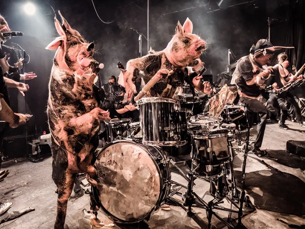 Prompt: a photograph of a pig dressing a smoking and playing drums in a stage of a grindcore show, bunnies doing a mosh pit in the floor