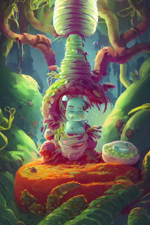 Image similar to roots cactus sushi cristal smurf ghost creature animal sushi cristal very big eye roots cactus elemental flush of force nature micro world fluo fishscale, behance hd by jesper ejsing, by rhads, makoto shinkai and lois van baarle, ilya kuvshinov, rossdraws radiating a glowing aura global illumination ray tracing hdr