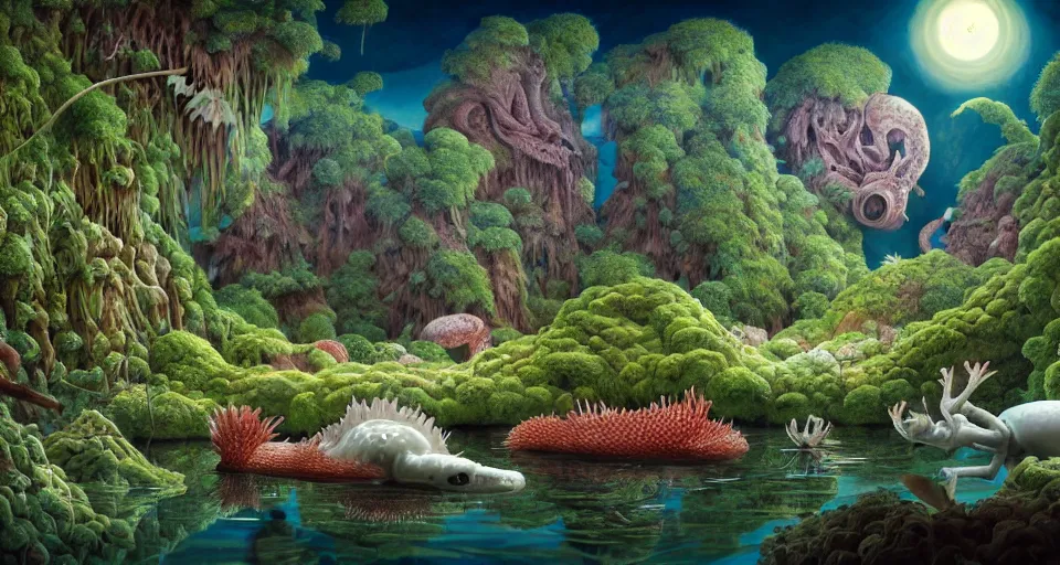 Prompt: axolotl, huge woodlouse, bones of dead animals, solovetsky labyrinths, a landscape on the moon with craters, a lot of exotic vegetations, trees, flowers, a beautiful flowering garden, intricate detaild, pale colors, 8 k, in the style of martin johnson heade and roger dean