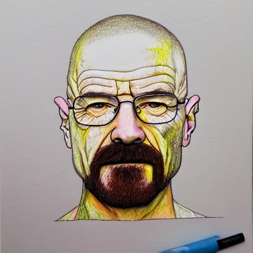 Image similar to walter white covered in acid fog, colored pencil drawing,