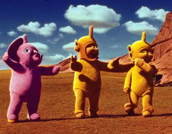 Prompt: teletubbies in mad max, film still, screenshot, desert, cinematic