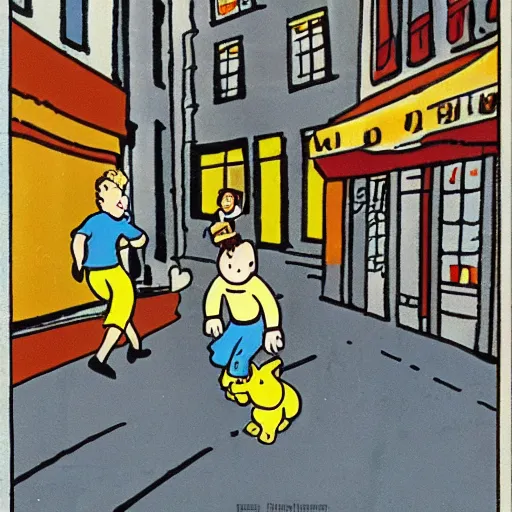 Prompt: tintin and snowy in a belgian 1 9 5 0 s street, drawn by herge in a ligne claire style with simple lines and bold colours