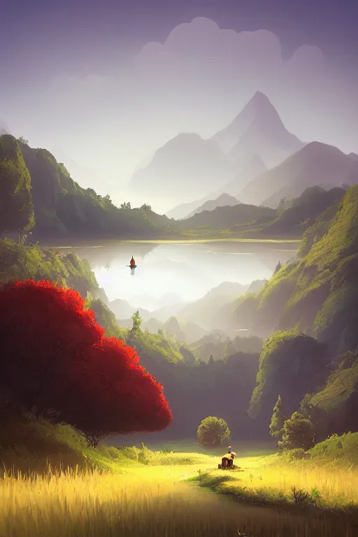 Prompt: beautiful matte painting by goro fujita concept art fantasy path mountains and meadow in the background near a lake reflecting the trees, atmospheric lighting, painted, intricate, volumetric lighting, beautiful, rich deep colors masterpiece, sharp focus, ultra detailed by