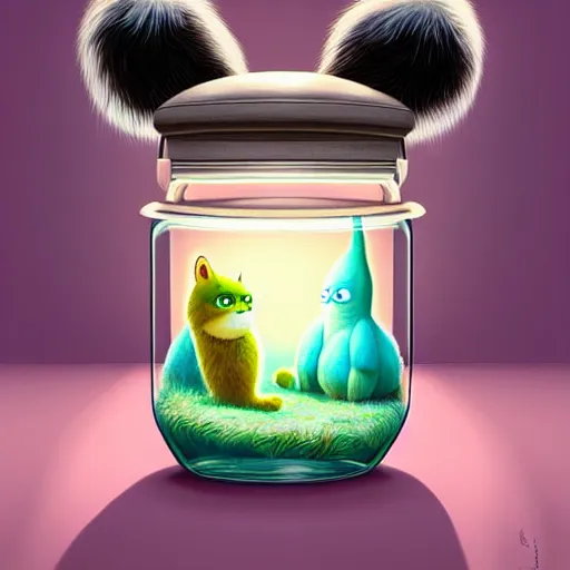 Image similar to cutie fluffy creature with big eyes in a jar, digital art, 3 d, octave render, masterpiece, mega detailed, pixar, disney, vivid illustration, cartoon, fantasy, by george stubbs, artgerm, in the style of ghibli kazuo oga, pastel fur