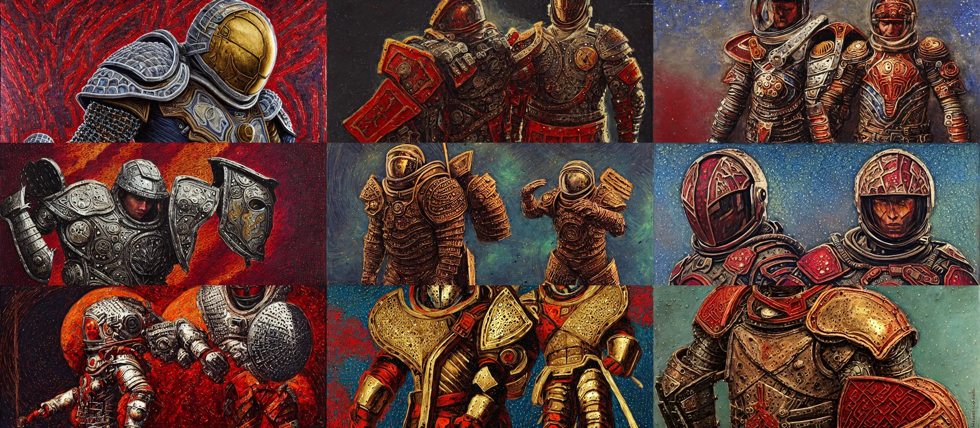 Prompt: battle scene, astronaut - gladiator!! in fractal armor with girih bargello pattern, lorica segmentum, tonalist, symbolist, figurative, concept, chiaroscuro, grisaille, palette knife, heraldry, frenetic, stippling, shadows, luminous, sublime, edge lighting, viridian, venetian red