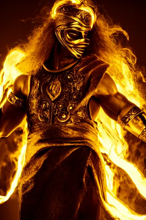 Image similar to A man wearing golden mask, hair like fire, muscular, in dark soul