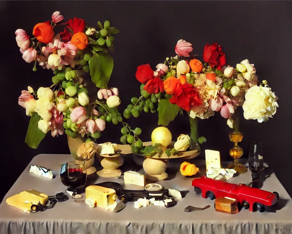Prompt: an achingly beautiful still life featuring blooming flowers, cheeses, red wine, and model trains by Raphael, Hopper, and Rene Magritte. detailed, romantic, studio lighting, enchanting, trending on artstation.
