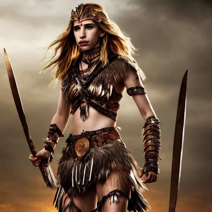 Image similar to full length photo of emma roberts as an amazon warrior, highly detailed, 4 k, hdr, smooth, sharp focus, high resolution, award - winning photo