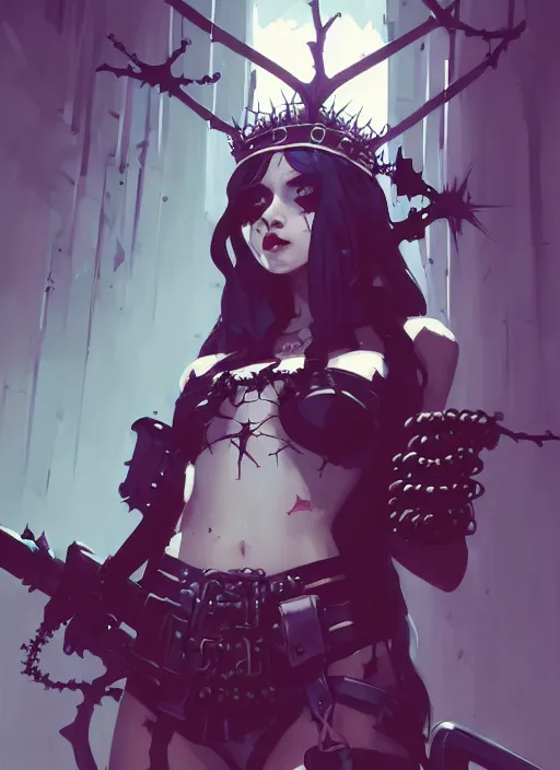 Image similar to portrait of cute goth maiden girl with crown of thorns, dressed in belts bikini, warhammer, cyberpunk, by atey ghailan, by greg rutkowski, by greg tocchini, by james gilleard, by joe gb fenton, by kaethe butcher, dynamic lighting, gradient light blue, brown, blonde cream and white color in scheme, grunge aesthetic