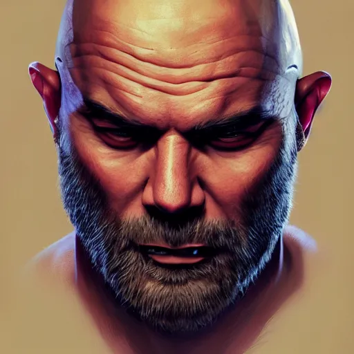Image similar to high detailed portrait of a bald wizard with red long beard and a tribal tattoo around his left eye, gta 5 cover style, highly detailed, digital painting, Trending on artstation , HD quality, by Samwise Didier, dramatic light, octane