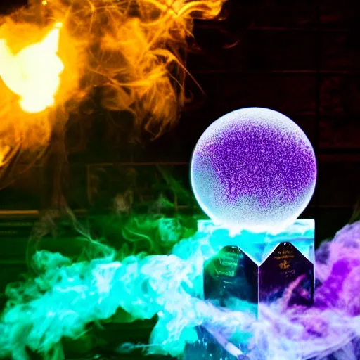 Image similar to a purple crystal ball with magical neon smoke swirling inside of it, award winning photography, cinematic