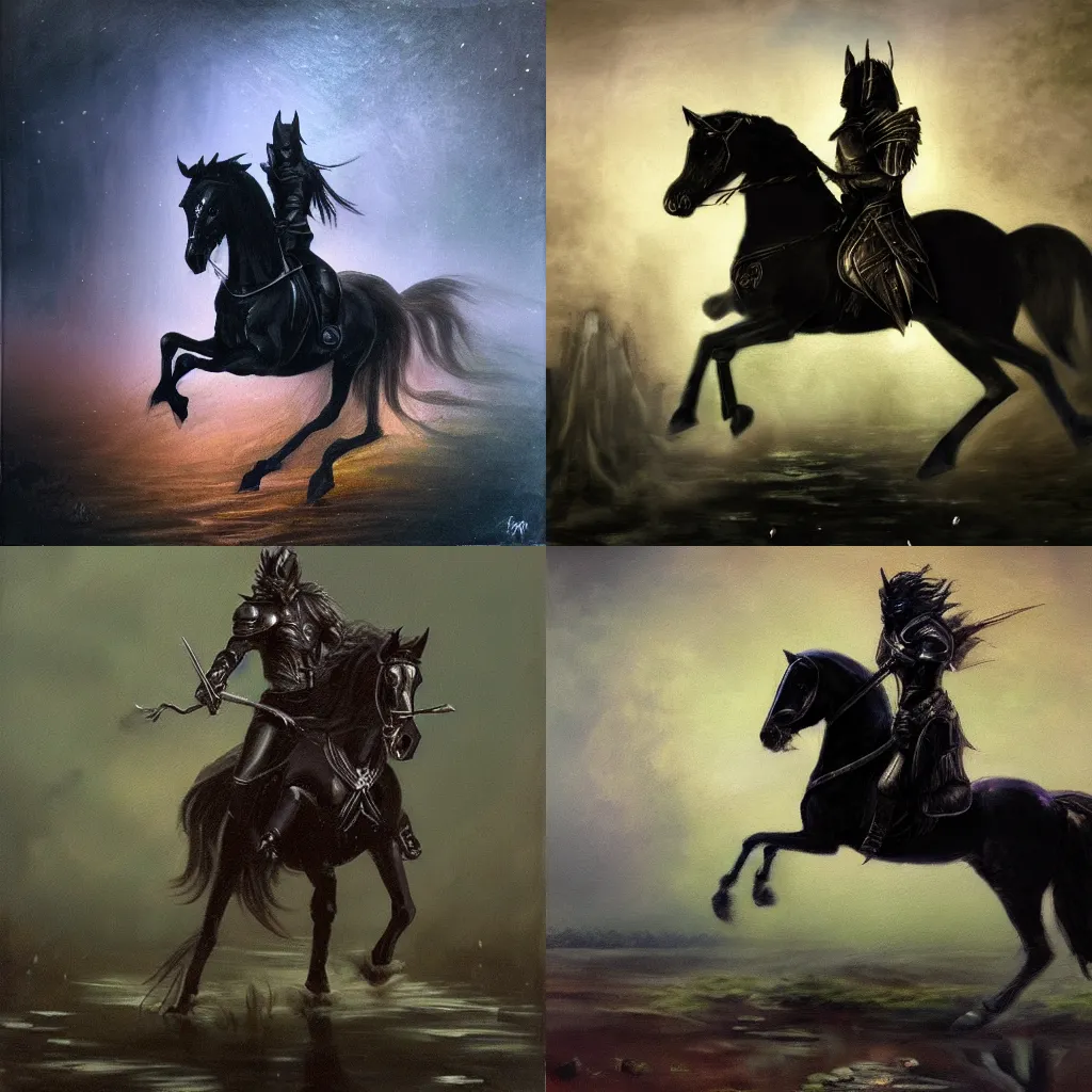 Prompt: an ephemeral knight on a black horse, riding across a murky, dark swamp, oil painting in the style of Elden Ring