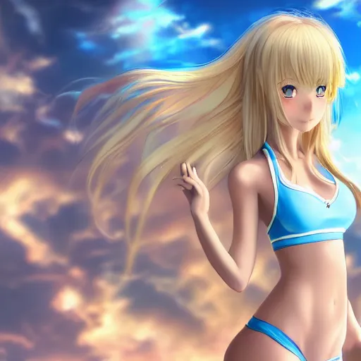 Image similar to a very beautiful young anime tennis girl, full body, long wavy blond hair, sky blue eyes, full round face,, bikini, miniskirt, front view, mid - shot, highly detailed, cinematic wallpaper by stanley artgerm lau