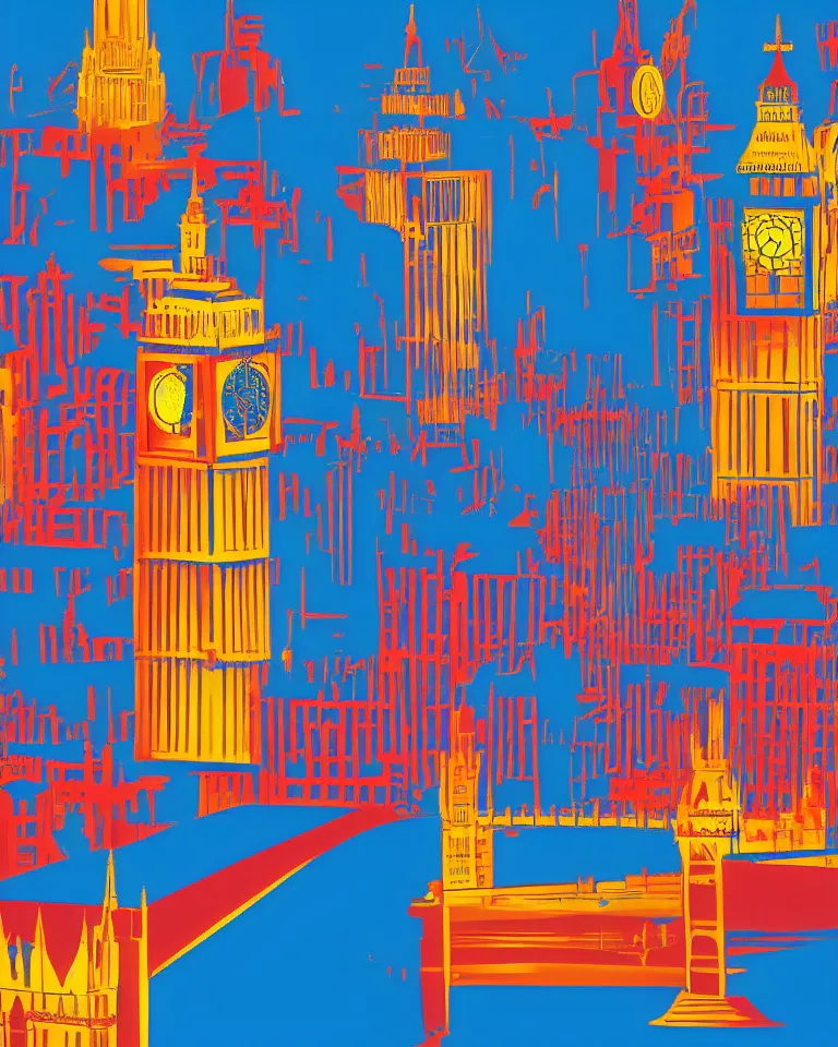 Image similar to city of london, london bridge, big ben, bright colors, in the style of hiroshi nagai, very detailed