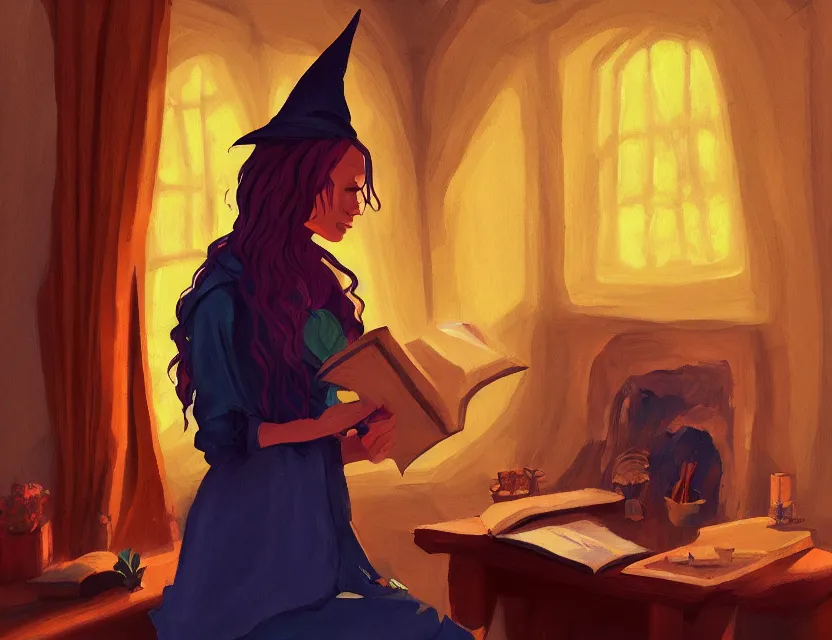 Prompt: anthro witch in a cozy study. complementary colors, oil painting, indie concept art, bloom, chiaroscuro, backlighting, intricate details.