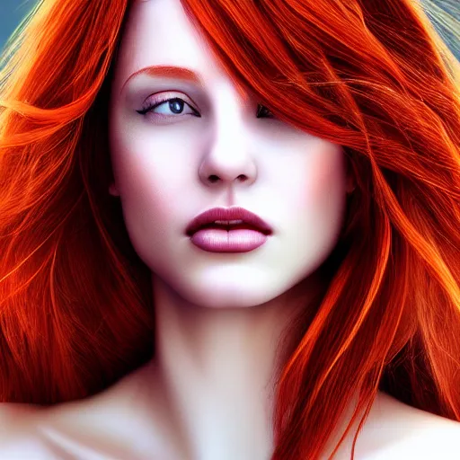 Prompt: beautiful redhead woman, digital art, closeup