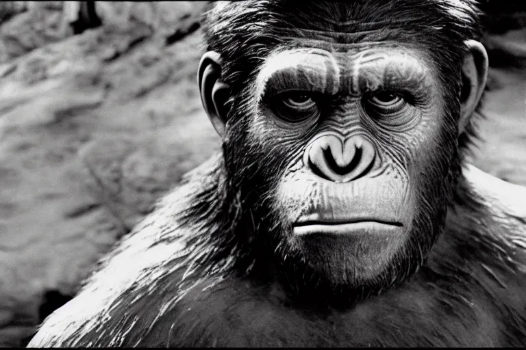 Prompt: movie still from planet of the apes, 1 9 6 8
