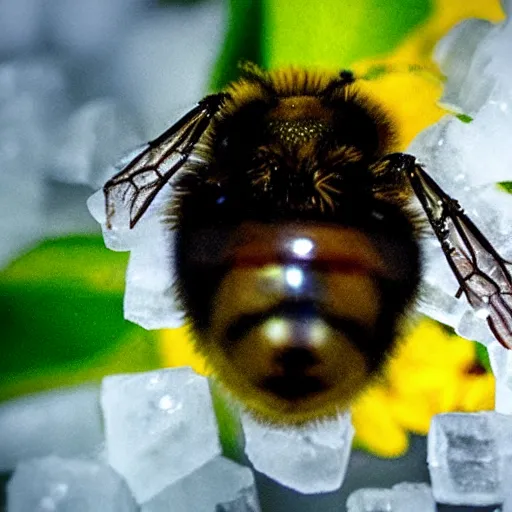 Image similar to a bee and an flower fossilized in ice, ambient light