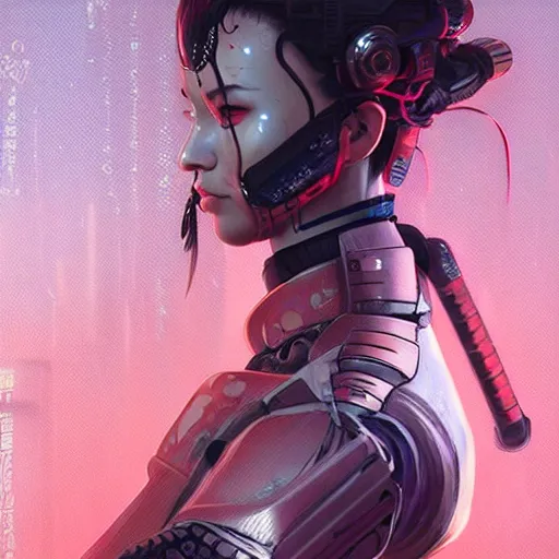 Image similar to cyberpunk samurai ,with techware , D&D, intricate, elegant, highly detailed, digital painting, japanese , altered carbon style,trending on artstation, concept art, illustration, art by Artgerm and Greg Rutkowski and Alphonse Mucha