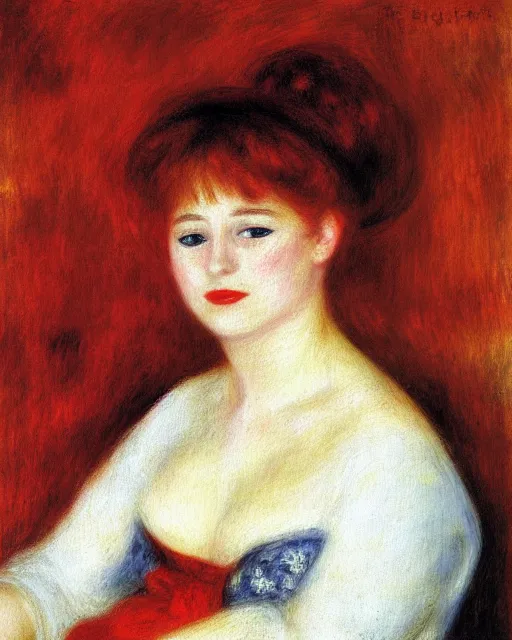 Image similar to a pierre - auguste renoir portrait painting of a woman wearing a red dress dancing in the pouring rain