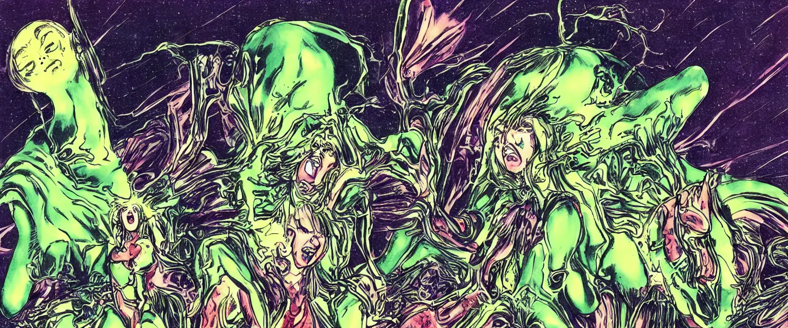 Image similar to exaltics apocalyptic ufo woman is screaming and crying after alien invasion on planet earth style of manga comic books in the year seventies, storybook illustration, by yoshitaka amano, green color scheme