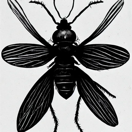 Prompt: common fly, black and white, botanical illustration, black ink on white paper, bold lines