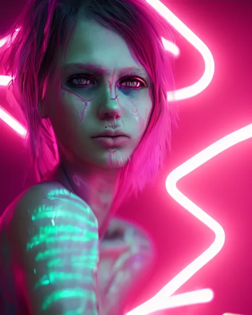 Prompt: portrait of a neon raver girl in a butchery, confused expression, cgsociety, detailed, unreal engine, textured, cinematic, character design