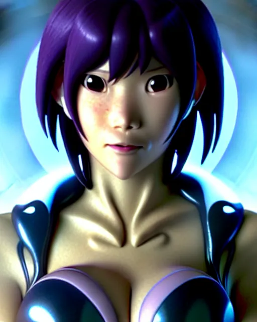 Image similar to weta disney pixar movie still portrait photo of motoko kusanagi the major ghost in the shell : : as cyborg woman by pixar : : by weta, wlop, ilya kuvshinov, rossdraws, artgerm, marvel, maxim cover, latex, octane render, sweaty, iridescent, bright morning, anime, liosh, mucha : :