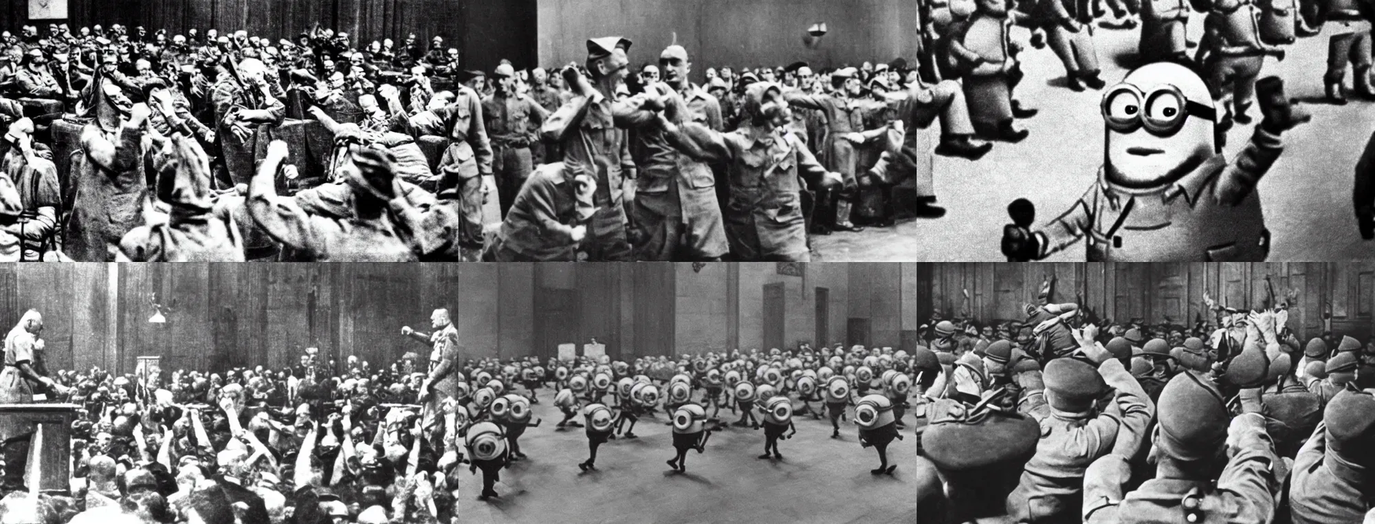 Prompt: a minion dabbing during the nuremberg trials ( 1 9 4 5 ), historical photo, highly detailed, 4 k, minions