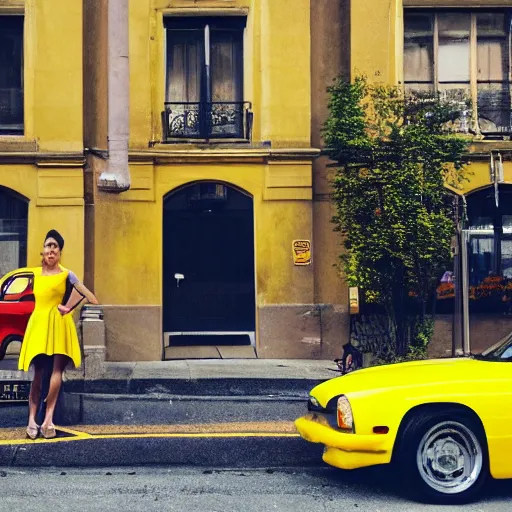 Prompt: a picture of a yellow-car parked next to a red-hydrant with a woman in a yellow-dress sitting on the hood, BEUTIFUL!, surreal, in style of Edward Hopper