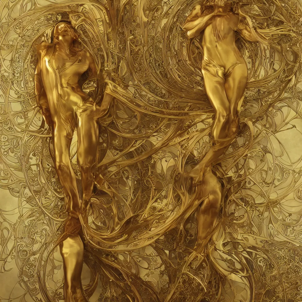 Prompt: human body made of thin golden Art Nouveau, Alphonse Mucha, cinematic realistic photo, octane render