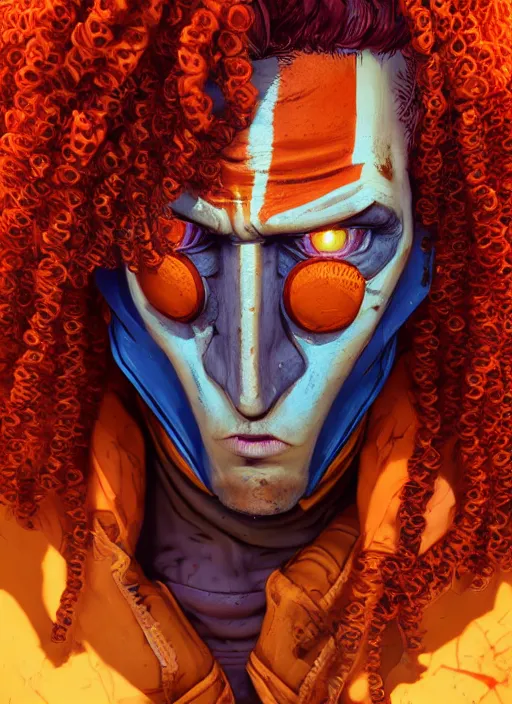 Image similar to retrowave portrait of curly orange hair man from borderlands 3, au naturel, hyper detailed, digital art, trending in artstation, cinematic lighting, studio quality, smooth render, unreal engine 5 rendered, octane rendered, art style by klimt and nixeu and ian sprigger and wlop and krenz cushart.