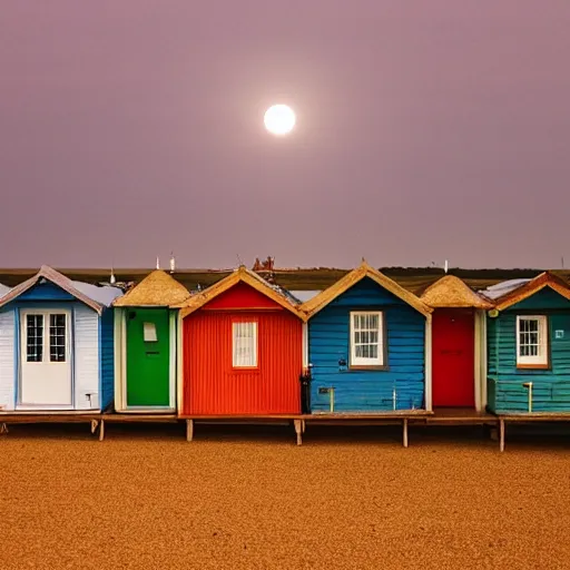 Image similar to a photography taken by someone who doesn't know how to use a camera of the super moon over the beach huts and the isle of wight