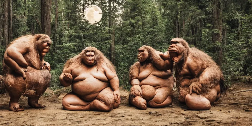 Prompt: photo, neanderthal people, sumo japanese, eating inside mcdonalds, surrounded by dinosaurs!, gigantic forest trees, sitting on rocks, bright moon