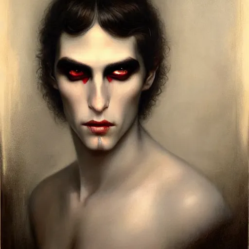 Image similar to attractive twenty first century male vampires beautiful eyes. highly detailed painting by tom bagshaw 8 k