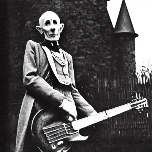 Image similar to vintage photograph of count orlok outside his castle, playing the blues on guitar, castle in the background, 4 k