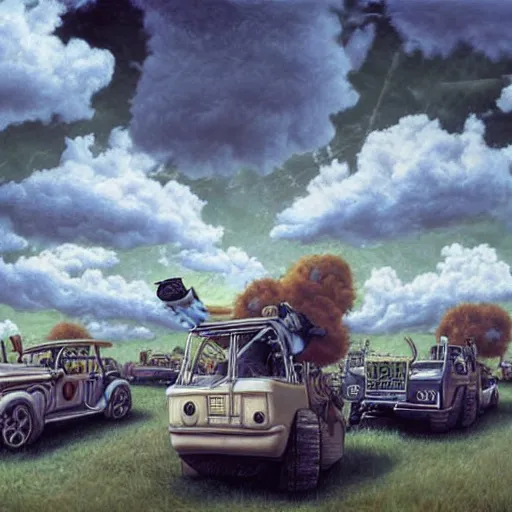 Image similar to a hyperrealistic painting of a steampunk car race, blue skies, fluffy clouds, by john kenn mortensen, highly detailed,