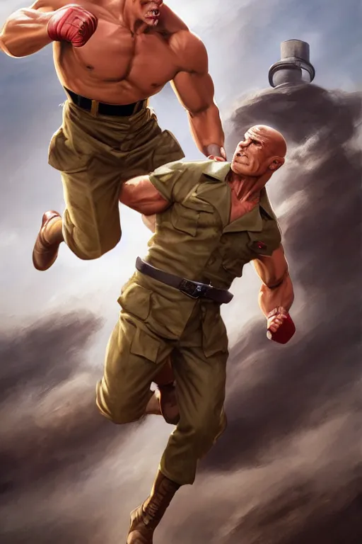 Image similar to photograph of doc savage punching a short man with a german uniform and a small mustache, clear detail, photorealistic, drawn by eric anthony johnson ericanthonyj artstation artgerm greg rutkowski and magali villeneuve 8 k subsurface scattering, hd, 8 k resolution, award winning photo, epic digital art