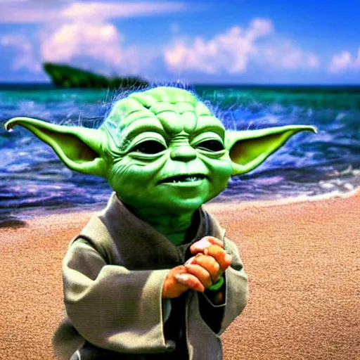 Prompt: sad real life Yoda on the beach