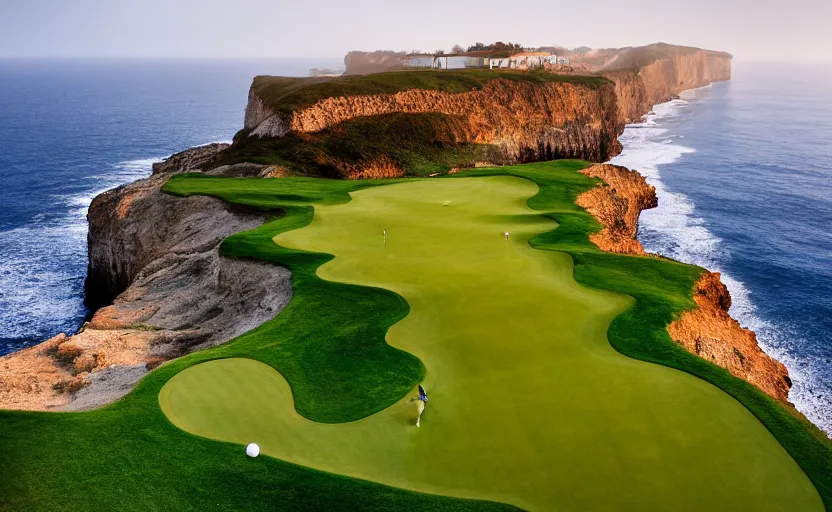 Prompt: a great photograph of the most amazing golf hole in the world, cliffs by the sea, perfect green fairway, human perspective, ambient light, 5 0 mm, golf digest, top 1 0 0, morning fog