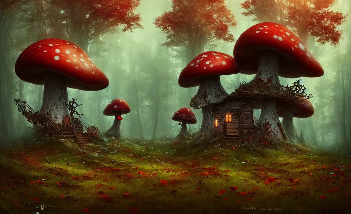 Prompt: cabin in mushroom forest by charlie bowater and anna dittmann and artgerm and clemens ascher, intricate, elegant, red and brown and blue and green mist, highly detailed, dramatic lighting, sharp focus, octane render, trending on artstation, artstationhd, artstationhq, unreal engine, 4 k, 8 k