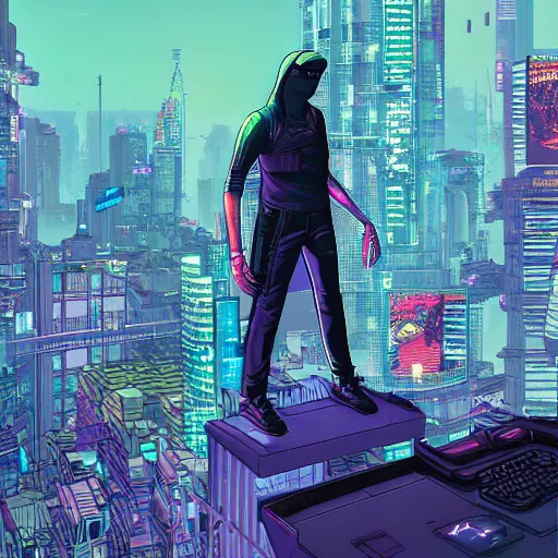 Image similar to cyberpunk hacker in front of bangkok by josan gonzalez