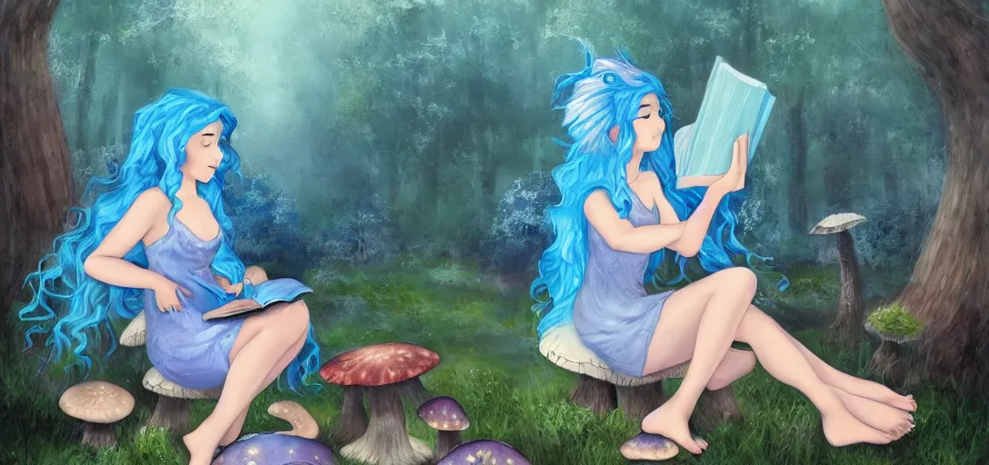 Image similar to A beautiful painting of a blue haired fairy reading a book while sitting on a mushroom by bob ross, Trending on artstation.