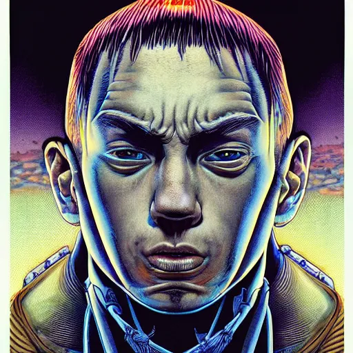 Image similar to portrait of crazy eminem, symmetrical, by yoichi hatakenaka, masamune shirow, josan gonzales and dan mumford, ayami kojima, takato yamamoto, barclay shaw, karol bak, yukito kishiro, areuz