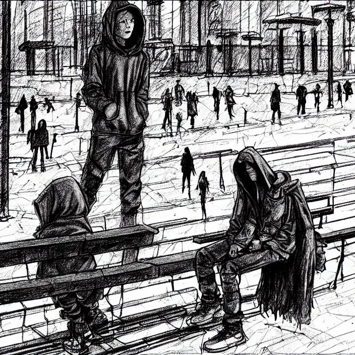 Image similar to storyboard : sadie sink in hoodie sat down on bench in ruined square, pedestrians walk by, old soviet monument. scifi cyberpunk. drawn by gabriel hardman. cinematic atmosphere, detailed and intricate, perfect anatomy