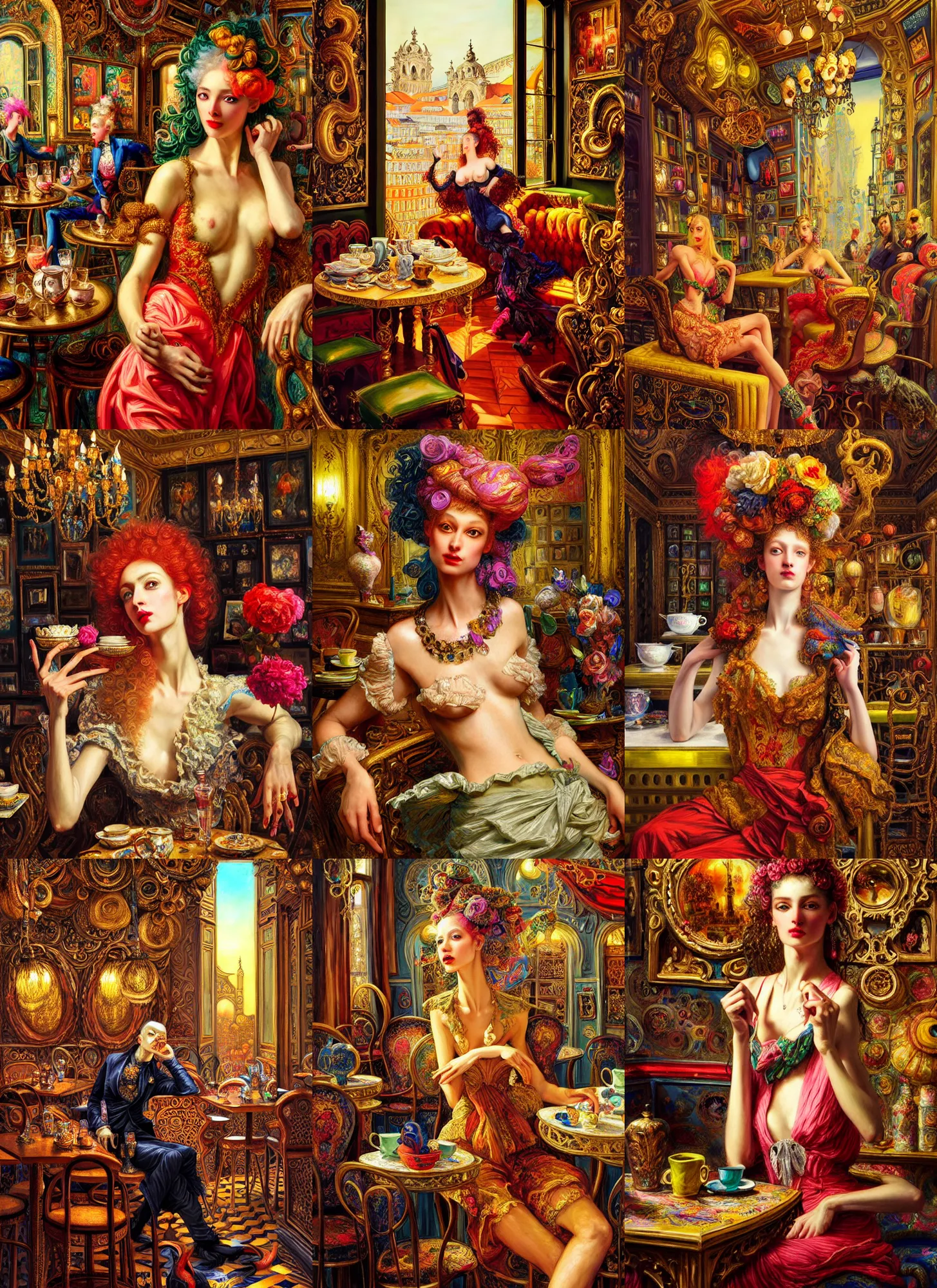 Prompt: Neo Rococo Expressionist, Maximalism, orientalism, diffuse lighting, fantasy, intricate, elegant, highly detailed, lifelike, photorealistic, digital painting, artstation, illustration, concept art, smooth, sharp focus, The City of Lisbon in a cafe shop, art by John Collier and Albert Aublet and Krenz Cushart and Artem Demura and Alphonse Mucha